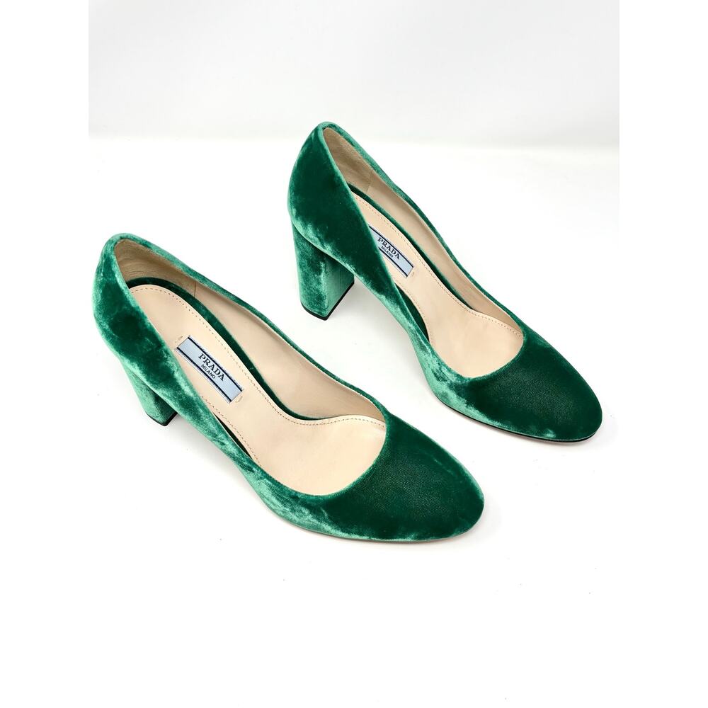 Prada Velvet Block Heel Green Pumps Heels Women EU 39